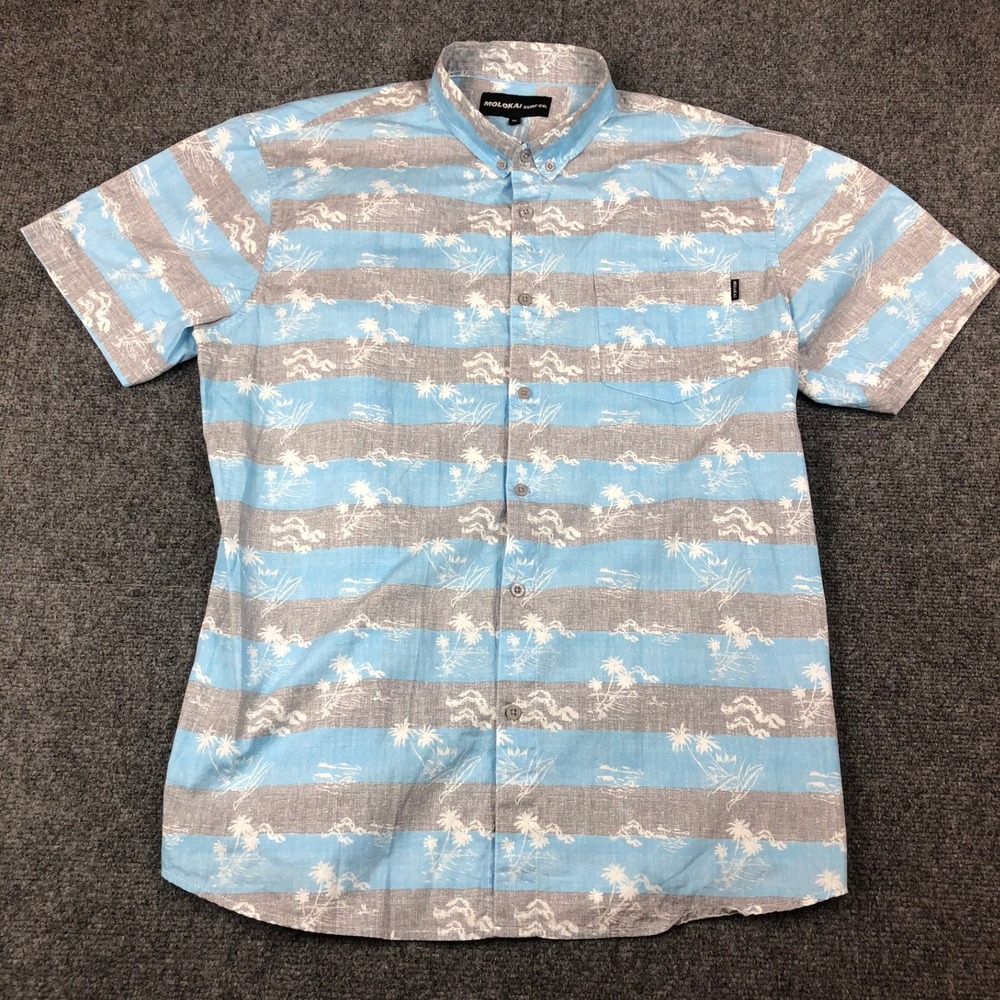 Molokai Surf Co Mens XL Blue Grey Striped Tropical Palm Tree Button Down Shirt
